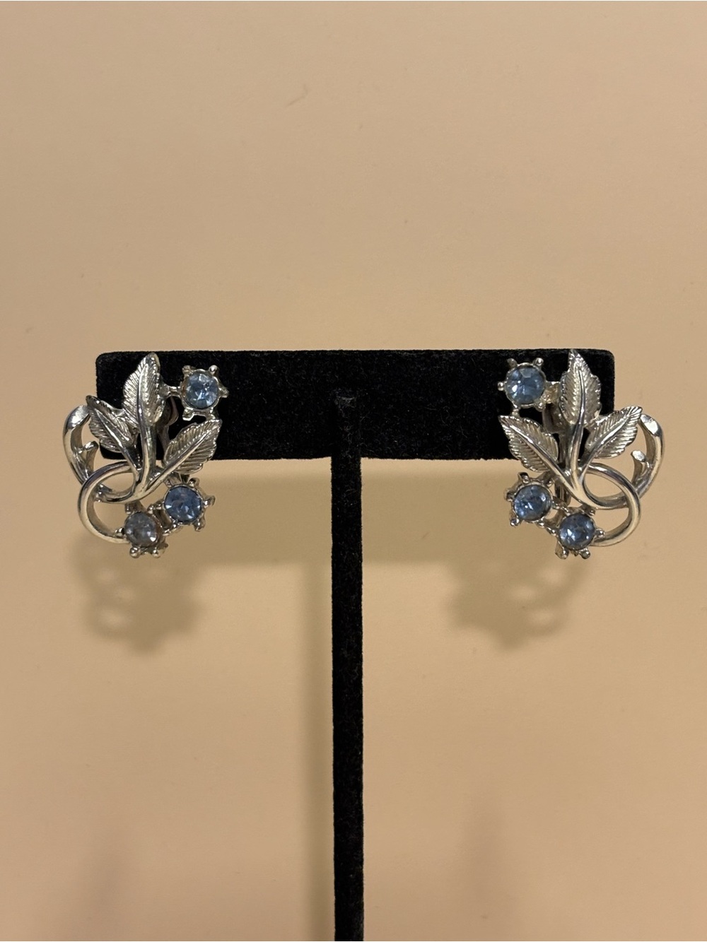 Coro Silver Leaf Blue Crystal Clip-On Earrings 1”